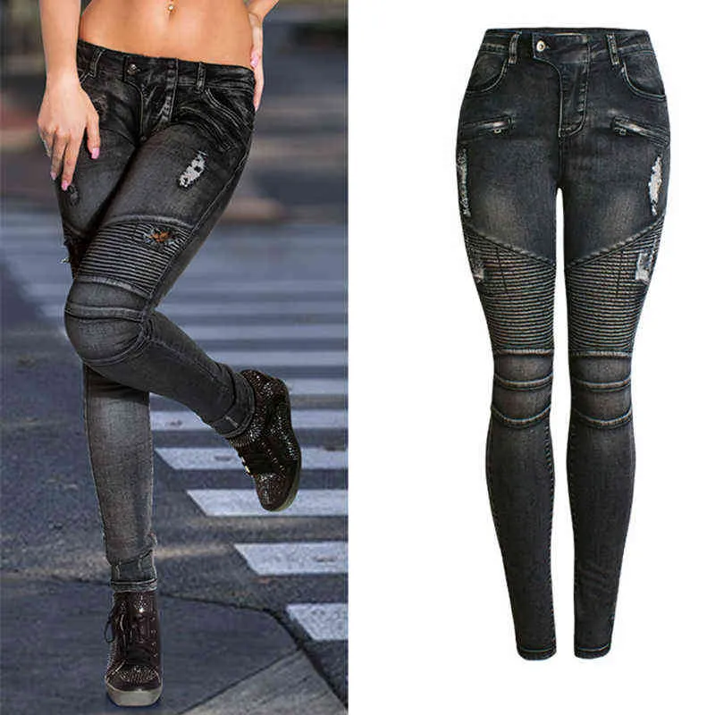 Motorcycle Biker Zip Jeans Woman Stretch Denim Skinny Pants Motor For Women Black 211129