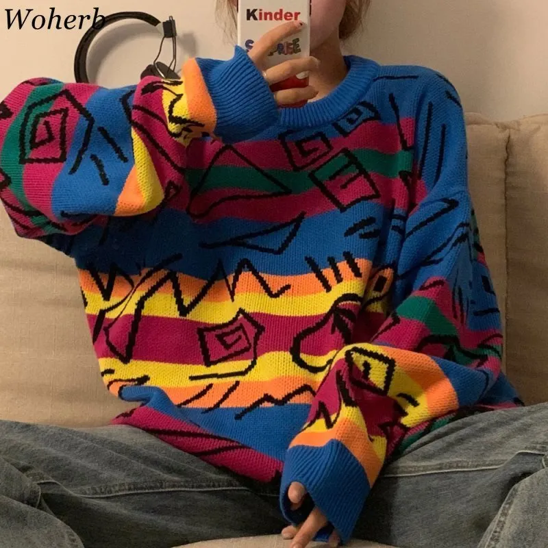 Rainbow Striped Knit Jumper Casual Loose Fit Sweater, Graffiti