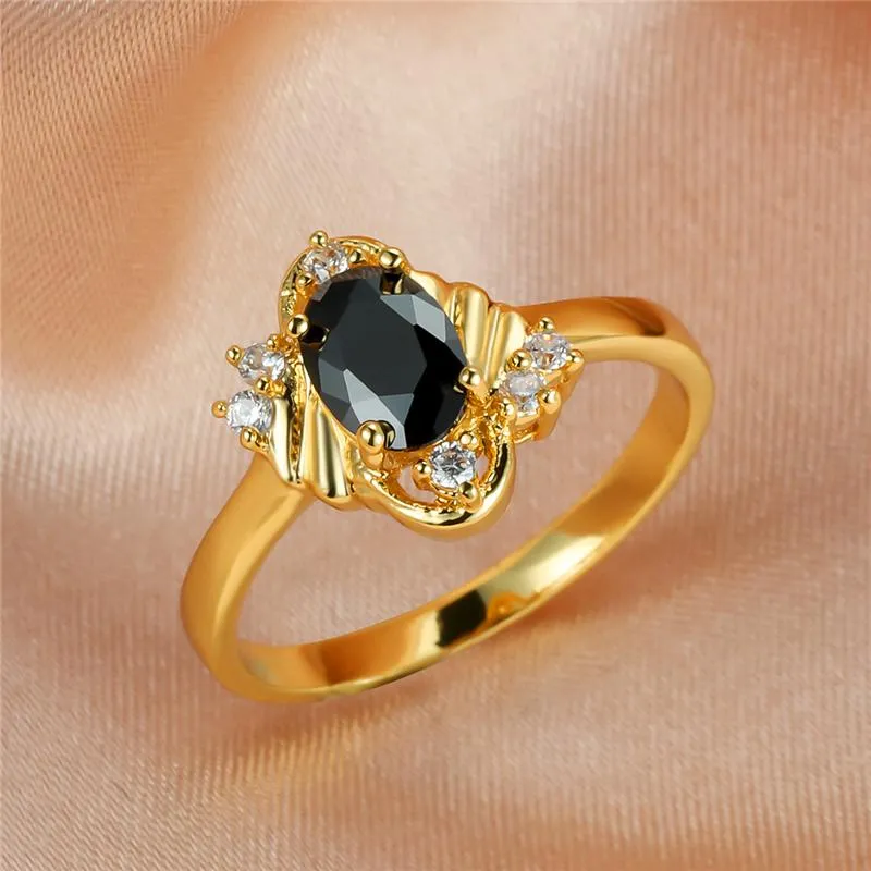 Anneaux de mariage Vintage femme cristal noir pierre anneau charme couleur or pour les femmes mignon promesse mariée ovale fiançailles