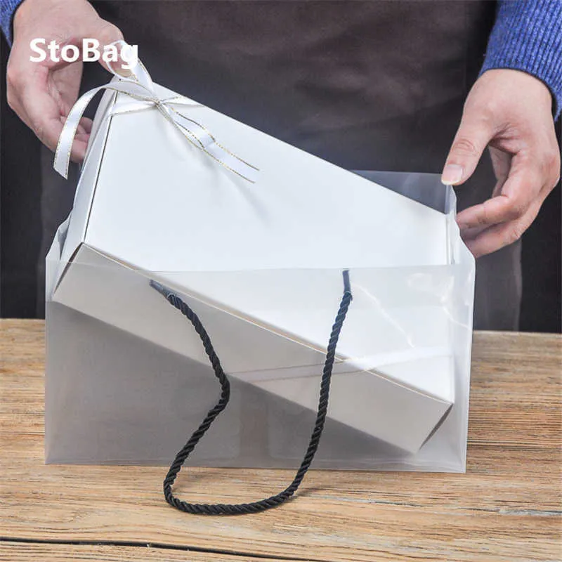 Stobag 10pcs Merci boîte blanche or / transparent sacs portables anniversaire de mariage célébrer emballage cadeau thème fête cuisson biscuits 210602