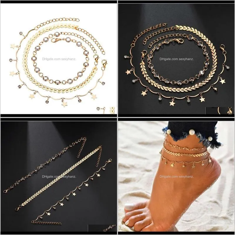 summer versatile popular jewelry women`s five pointed star with round alloy arrow anklet three piece set