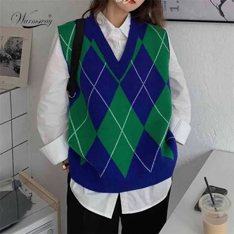 V Neck Vintage Argyle Sweater Vest Women Sleeveless Plaid Knitted Oversized Sweaters Casual Autumn Preppy Style C 223 210915