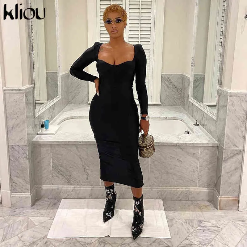 Kliou Sexy Elegant Maxi Dress Women Early Autumn Solid Sheath Slim Body-Shaping Cleavage Skirt Long Sleeve Square Collar Jurk Y1204