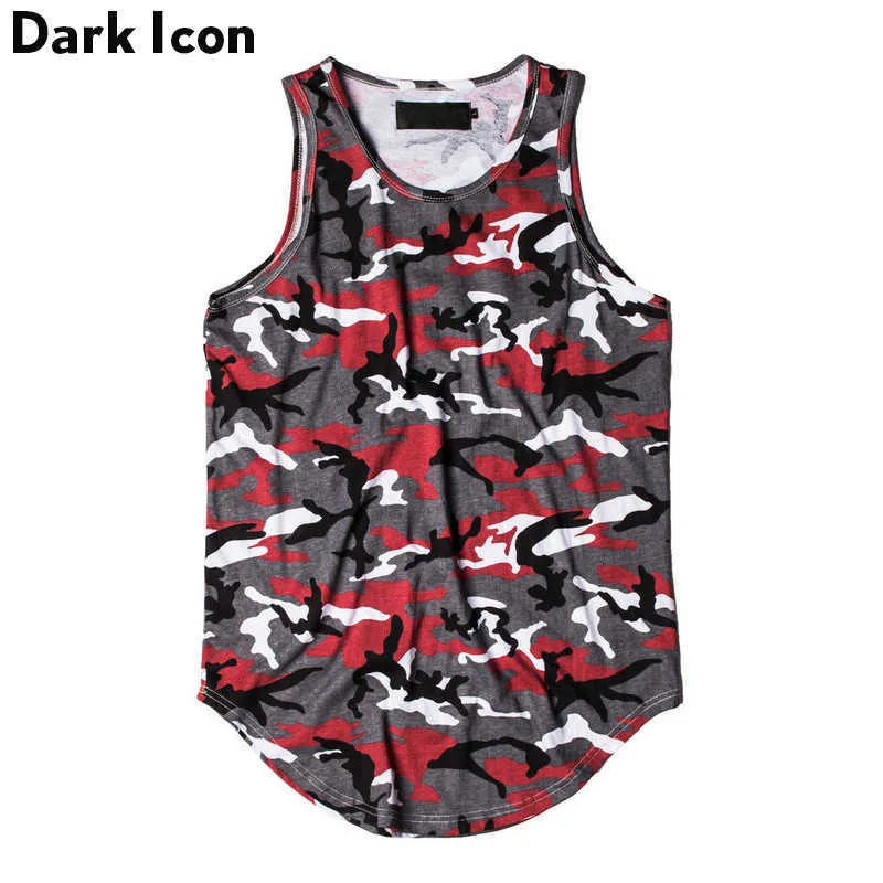 Camouflage Extended Tank Top Men Sommar Streetwear Curved Hem Camo Hip Hop Tank Top Lång design 6 färger 210603