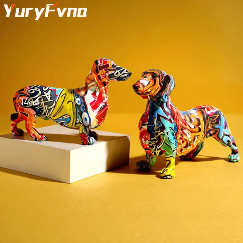 YuryFvna Nordic Painting Graffiti Dachshund Sculpture Figurine Art Elephant Statue Creative Resin Crafts Home Decoration 201210