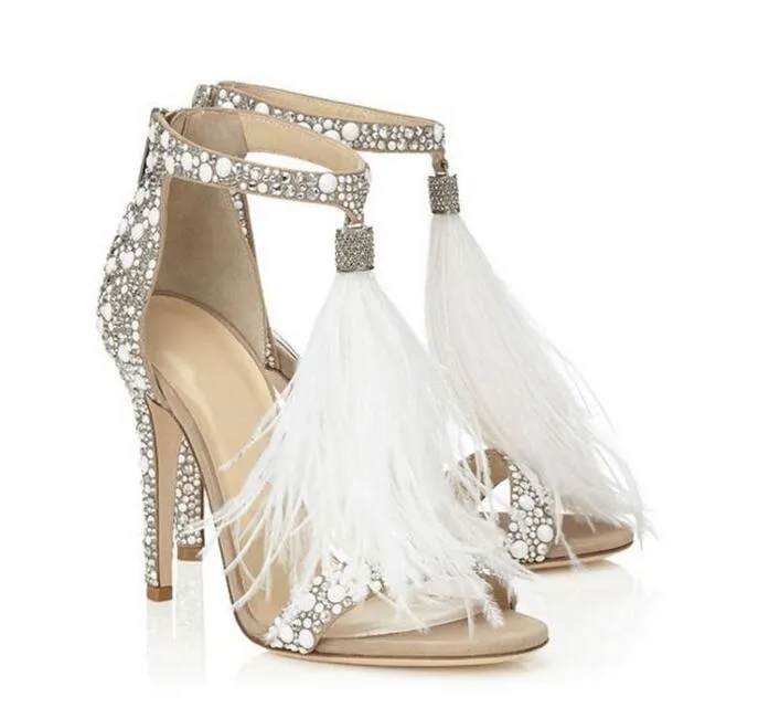 Élégant cristal nu orné de talons hauts Sacora sandales plume gland gladiateur sandale femmes chaussures pompes femme mariage Sandalias mujers