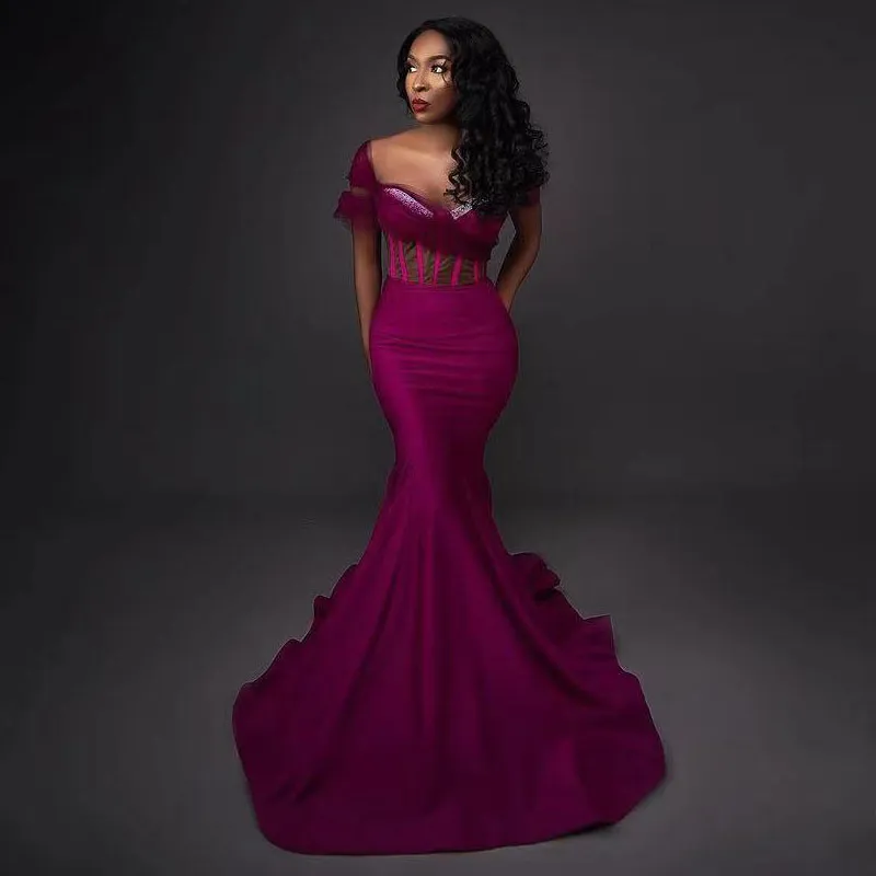 Off-Shoulder Purple trumpet bridesmaid dress with Tulle Strap, Satin Fabric, and Sweep Train - Plus Size Formal Gown