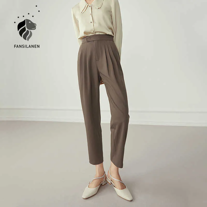 Fansilanen Office Plised Casual Suit Pant High Paist White Proste Spodnie Autum Zima Kobieta Vintage 210607