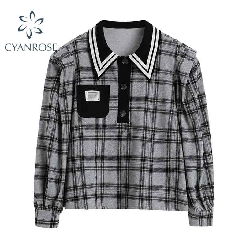 Puff Långärmade T-shirts Toppar Kvinnor Koreanska Retro Plaid Elegant Slå ner Krage Sommar Blusar Streetwear Chic Loose Ol Lady 210515