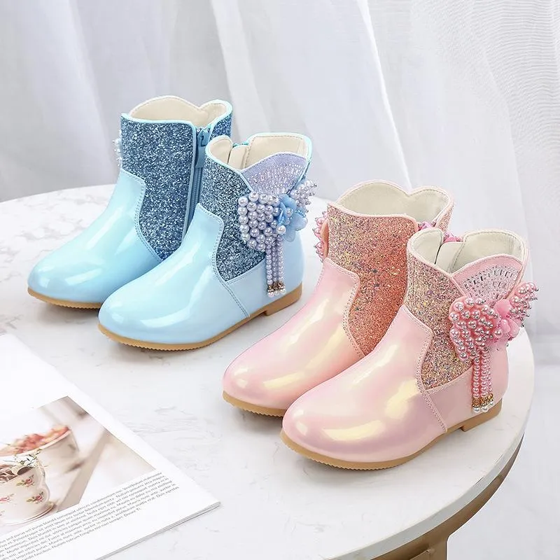 Botas meninas outono e inverno crianças doce rosa algodão azul acolchoado sapatos 2022 ano princesa macia quente