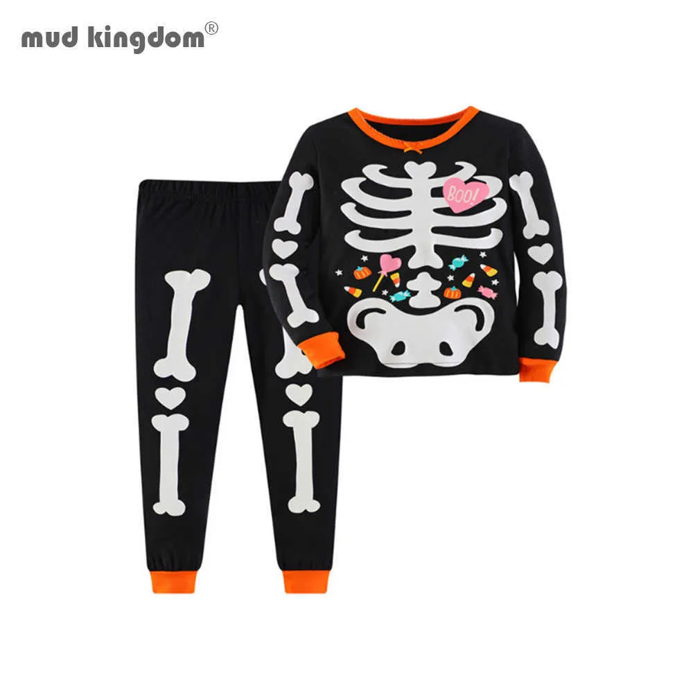 Mudkingdom halloween kläder uppsättningar för pojkar flickor party kostym barn glödande nickware skelett ghost pyjamas 210615