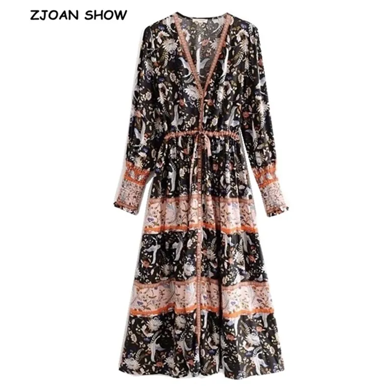Women Bohemian Open button V neck Crane Floral Print Dress Holiday Bow Tide Sashes Single-breasted Long Dresses 210429