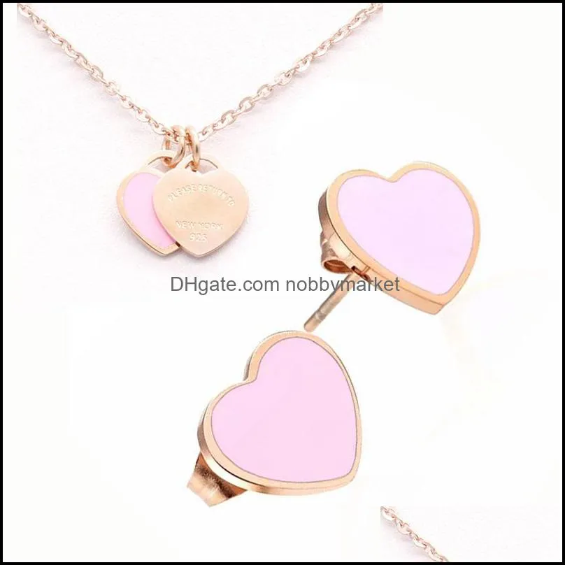 Newest Silver Gold Vintage enamel PINK Green Heart Charms Necklace and Earring Jewelry set Pendant Luxury Women Men chain Stainless T letters Jewellry