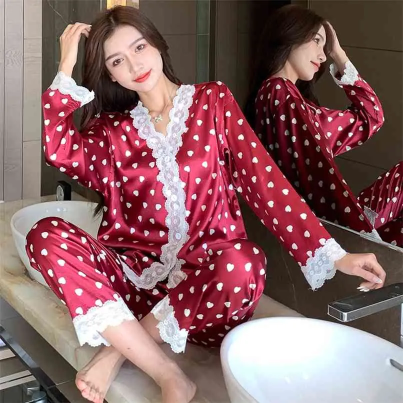 Pyjamas Damen Seide Dünnschnitt Sommerdruck Rot Liebe Langarm Lose Nachahmung Zweiteiliger Heimservice 210520