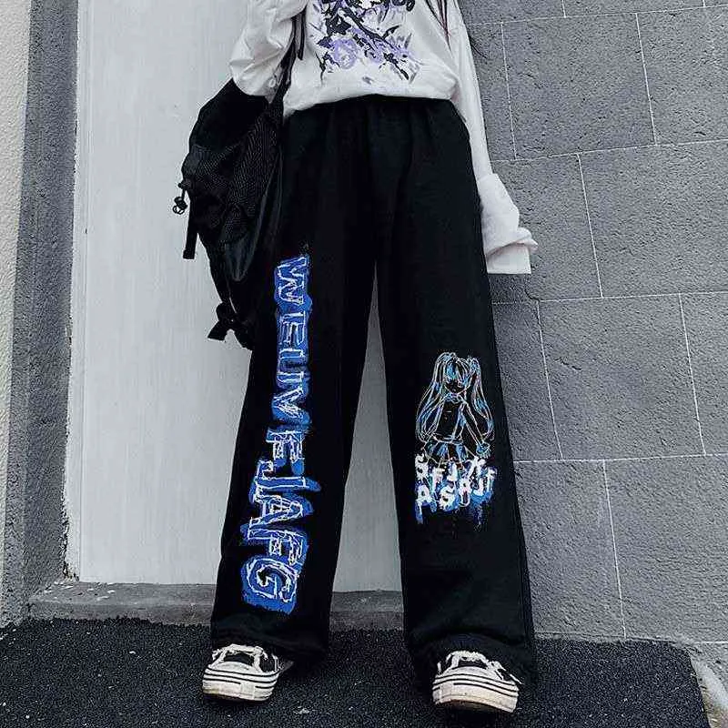 Qweek Animeプリントワイドレッグパンツ女性原宿ストリートウェアアルツ特大ジョギングスウェットパンツバギー韓国ファッションジョガーズズボンY211115