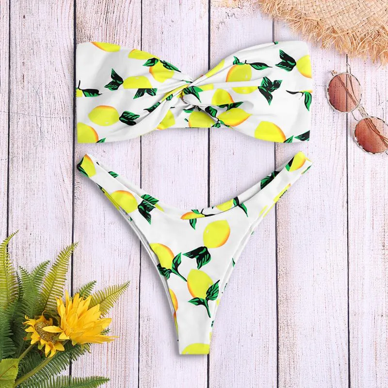Women's Swimwear Strapless Backless Padded Lemon Print Low Waist Women Bikini Set