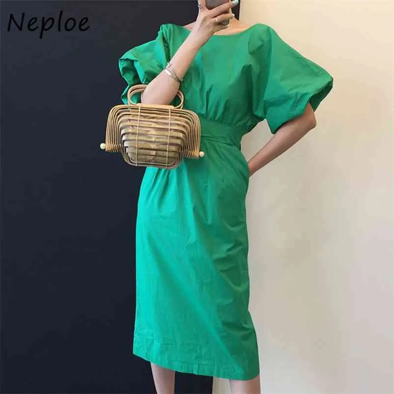 O Neck Lantern Short Sleeve Dress Women High Waist Hip A Line Long Vestidos Sexy Open Back Solid Robe Summer 210422