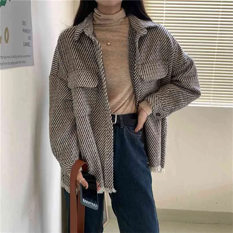 Otoño Retro Houndstooth Camisas Vintage Tassel Loose Wild Chaqueta de manga larga Casual Street Lady Outwears 210914