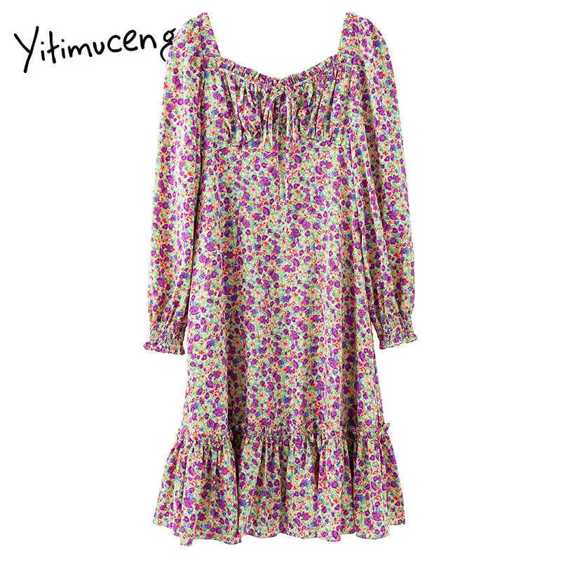 Yitimuceng Vintage Volants Floral Pinte Mini Taille Haute Robes Femmes Col Carré A-ligne Été Robe De Mode Française 210601