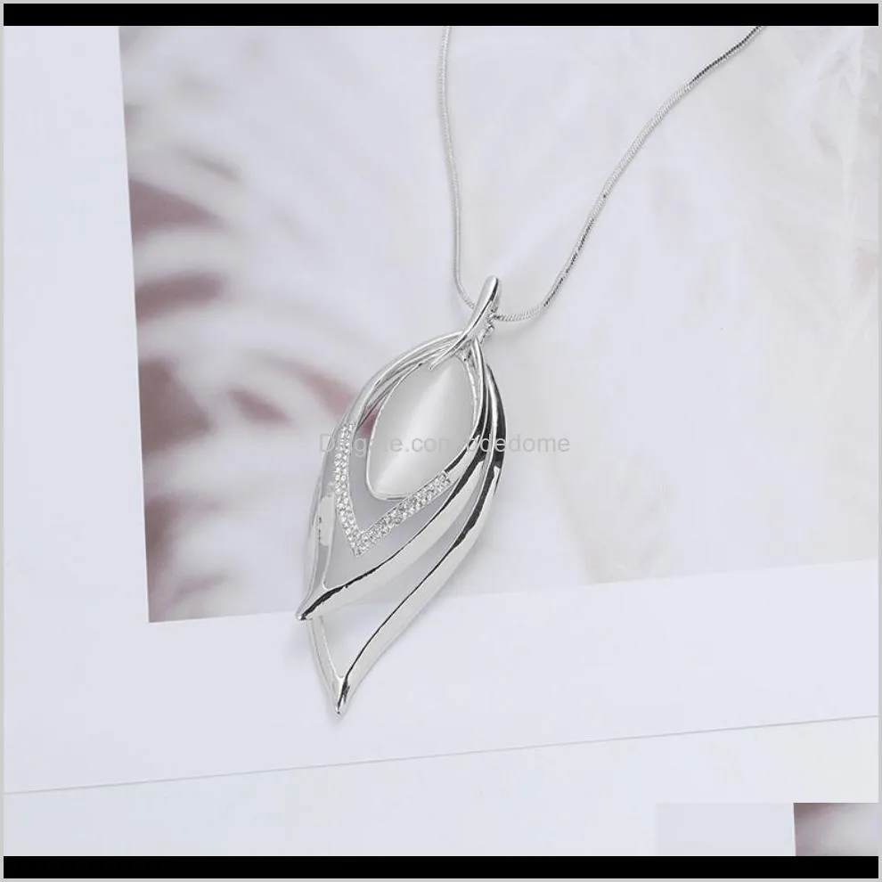 sweater necklace long chain alloy tree leaf pendant stone setting silver plated brass snake chain woman gift