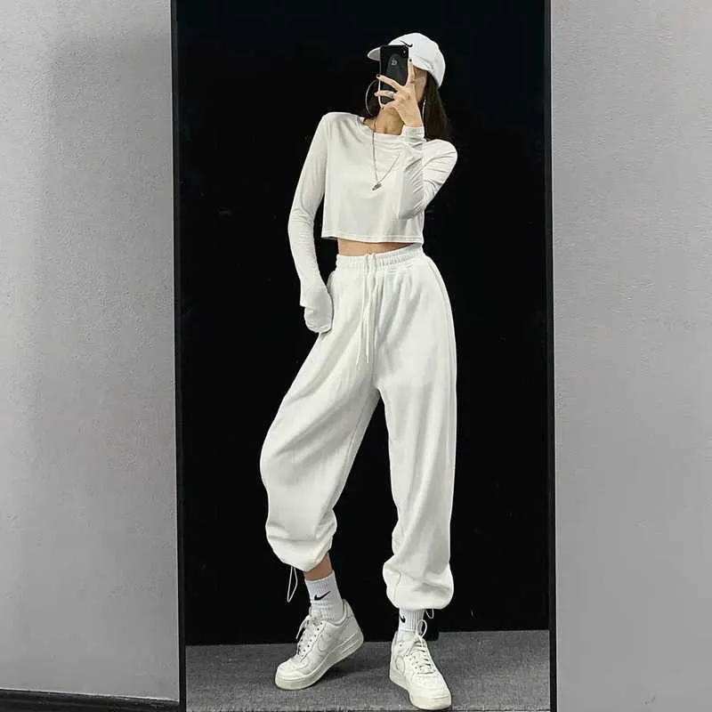 MINGLIUSILI Solide Style Coréen Pantalons de survêtement Femmes Été 2021 Mode Joggeurs Femmes Taille Haute Streetwear Lâche Pantalon Décontracté Q0801