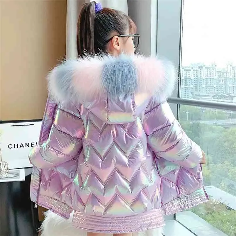 Girl Waterproof and Snowproof Down Cotton Jacket Thick Hooded Faux Fur Collar Coat Children's Outerwear Playing In The Snow 210903
