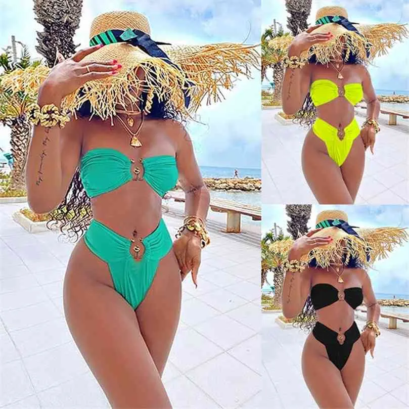 Women Sexy 2Pcs Bikini Set U-Shaped Metal Wire Push Up Swimsuit Strapless Bandeau Tube Top and Thong Solid Color Bathing Suit 210712