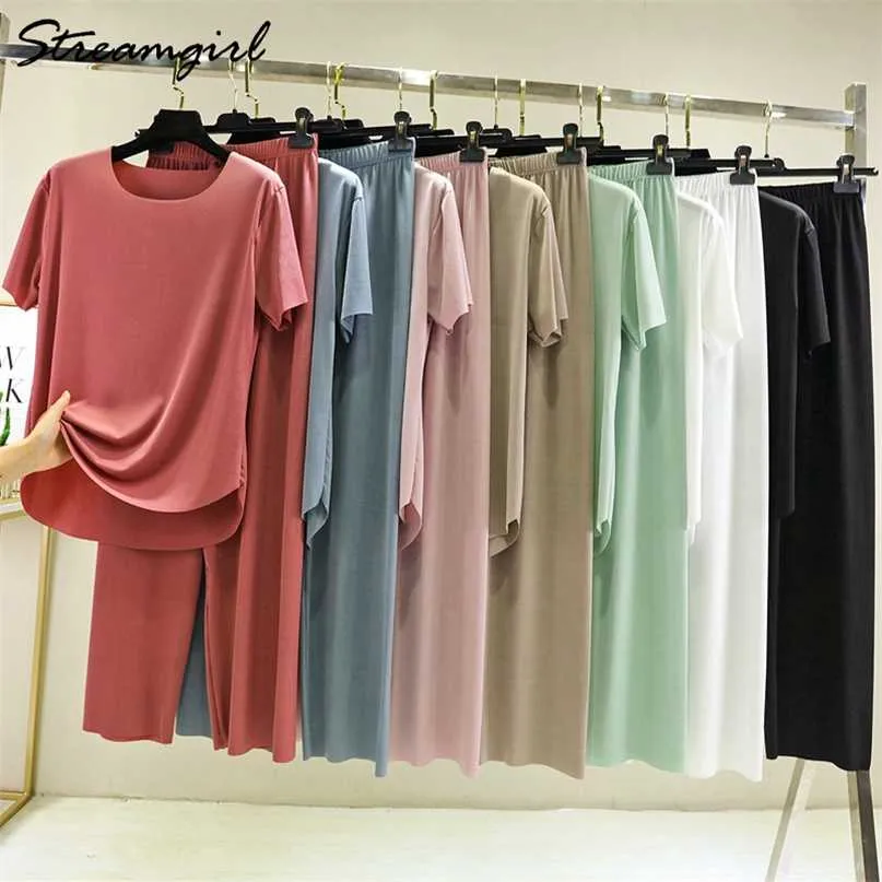 Summer Ice Silk Pants Sets Women Loose T Shirt 2 Piece Wide Leg Woman Soft Pant Suits Womens 211105