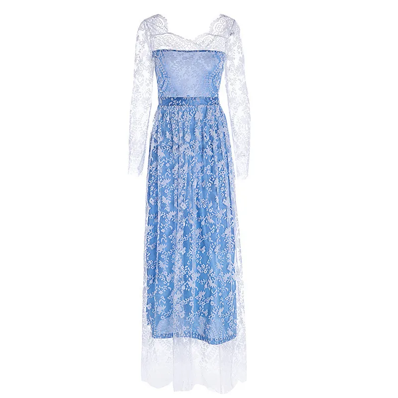 Women Blue Lace Maxi Dress Backless Empire Waist Long Sleeve Vintage Party Dress  Plus Size 5XL Autumn from Dhgate Basic & Casual Dresses - price 37.69