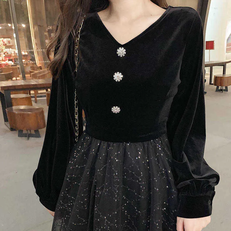 Sammet svart klänning fransk långärmad maxi gotisk designer v-hals kvinnor kväll sequins höst damkläder 210604