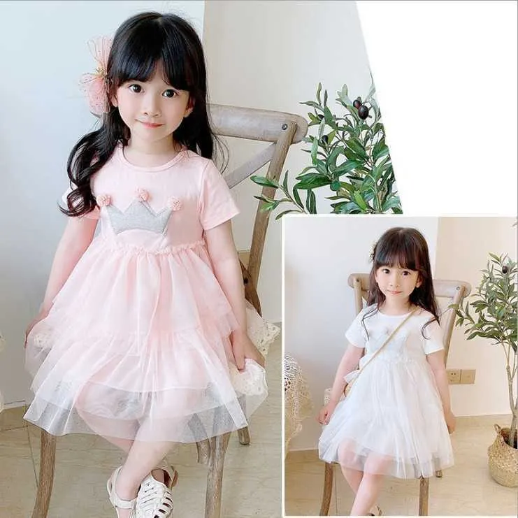 Korean Girls Crown Princess Dress for Kids Lovely Pom Tutu Cake Pink Clothing Birthday Cotton Gauze Patchwork 210529