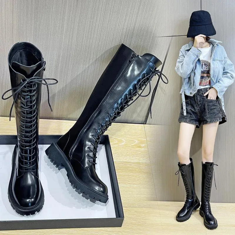 Çizmeler kadın Yüksek Dantel-up Platformu Lolita Tarzı Ayakkabı Takozlar Hakiki Deri Sonbahar Bayanlar Moda Üstte-Diz 2021