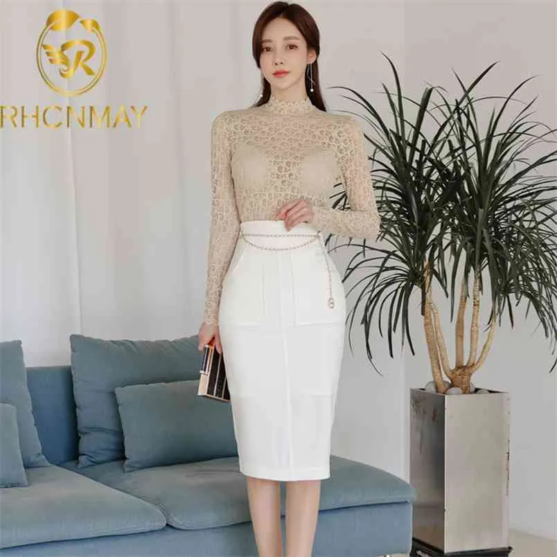 Summer 2 Pieces Set Women Korean Slim Lace Long Sleeve Shirts + High Waist Sheath Pencil Skirts Office Lady Skirt Suit 210506