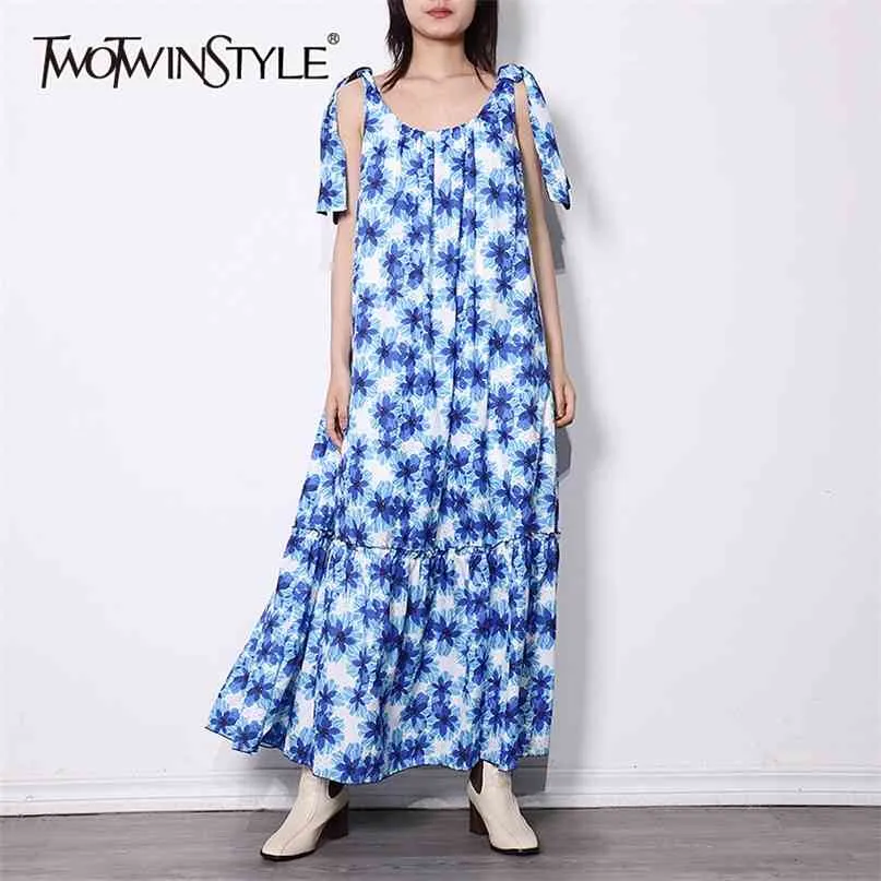 Print lace up strik vintage jurk voor vrouwen vierkante kraag mouwloze hoge taille maxi jurken vrouwelijke kleding 210520