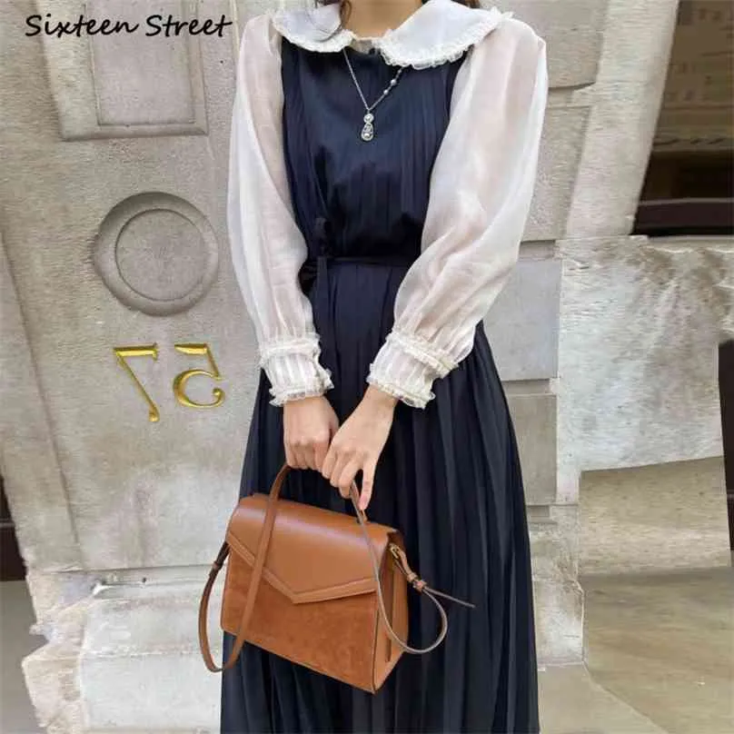 2 Piece Dress Woman White Blouse and Sleeveless es Korean Fashion Clothing Dark Blue Elegant Sets Spring 210603