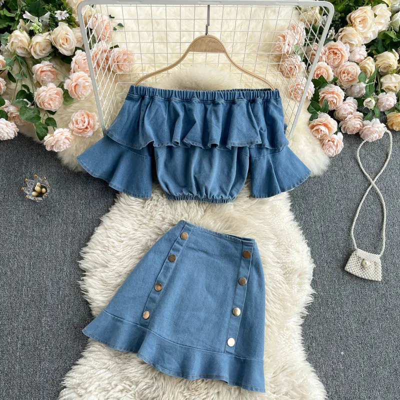 FTLLZ Zomer Casual Vrouwen Rok Twee Stuk Set Slash Hals Off Schouder Gepareerd Crop Top en Button Denim Mini Jurk 210423