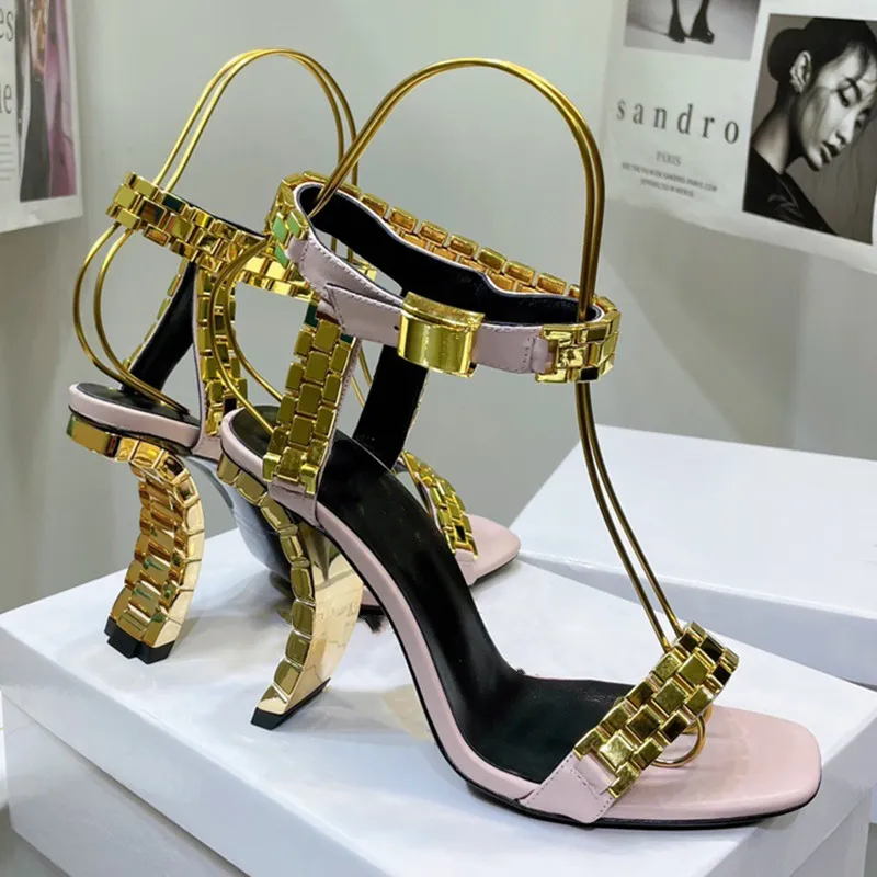 2022 New Summer Womens High Metal Heel Fashion Sandal Ladies Open Toe Ankle Strap Sexy Luxury Designer Shoes With Strange Heel