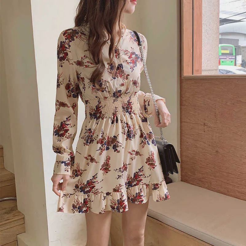 Mini Vintage Floral Dress Ruffes Design Women Long Sleeve Fairy Female Korean Slim Casual Beach Summer Sundress 210604