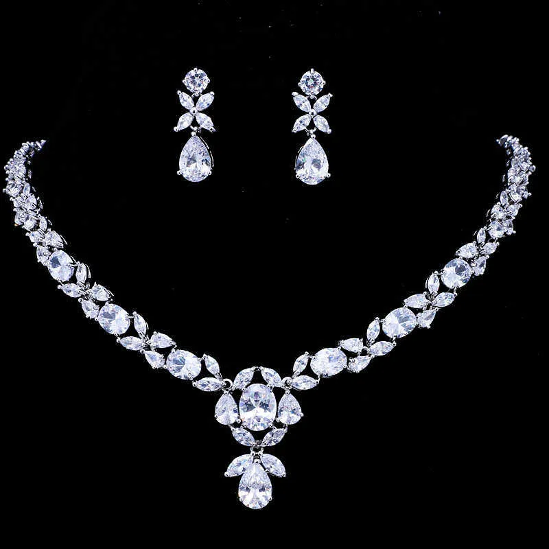 Ensembles de bijoux de mariage en cristal classique Emmaya pour femmes collier en Zircon cubique clair boucles d'oreilles ensemble de bijoux de fiançailles de mariée H1022