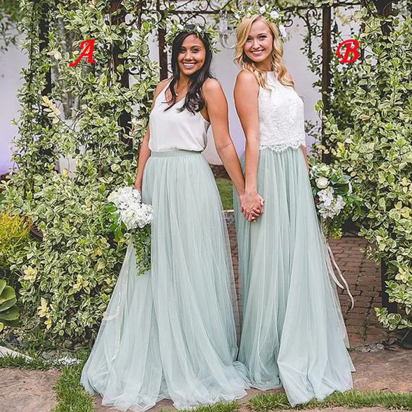 Affordable Boho Country Bridesmaid Dresses Two Piece White and Mint Tulle Skirt Outfit for Wedding Guests