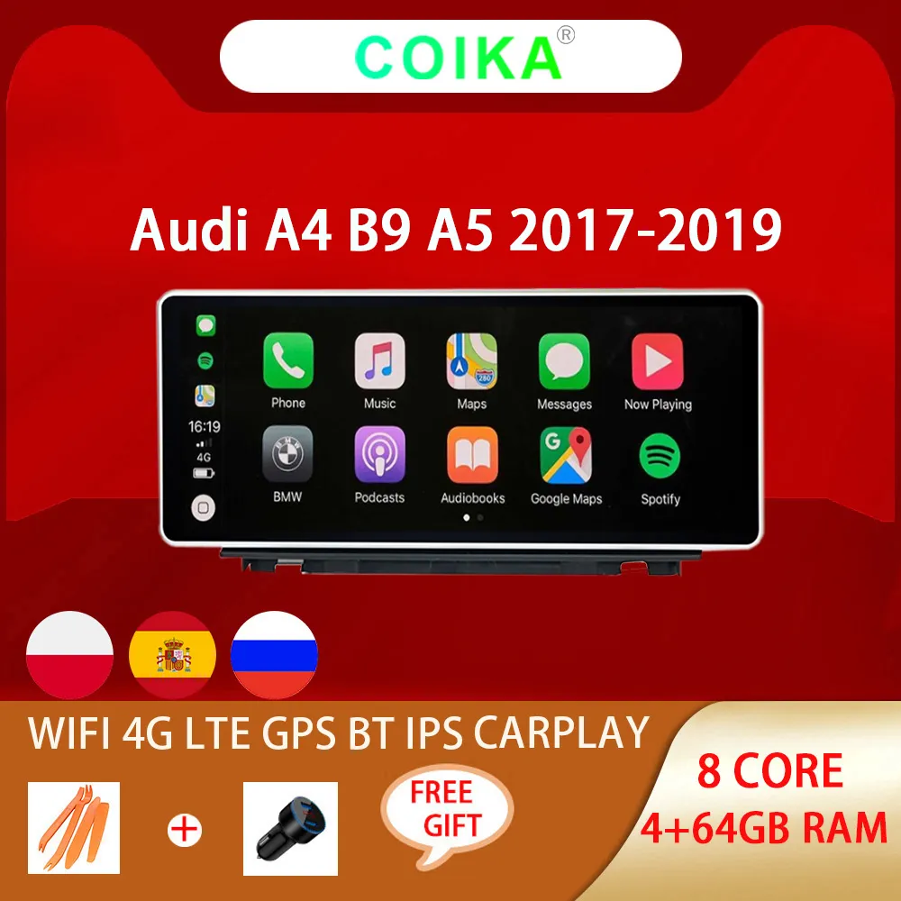 CARPLEY WIFI 4G LTE CAR DVD-spelare Multimedia Radio för AUDI A4 A5 2017-2020 Android 10 System BT IPS Touch Screen Google 4 + 64G RAM 8 CORE