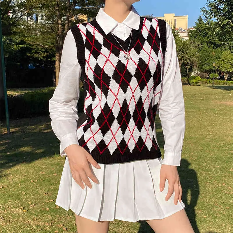 Vintage argyle y2k camisola de alças mangas de malha coletes de camisola de malha para mulheres Nova estética V Neck Feminino Knitwear Pullover Jumper 210415