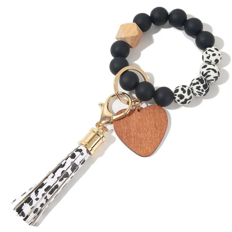 Party Favor Food Wrist key chain Beads Bracelet Event love Wooden Bead Bangle Keychain PU Tassel Anti-lost Keyring dd773
