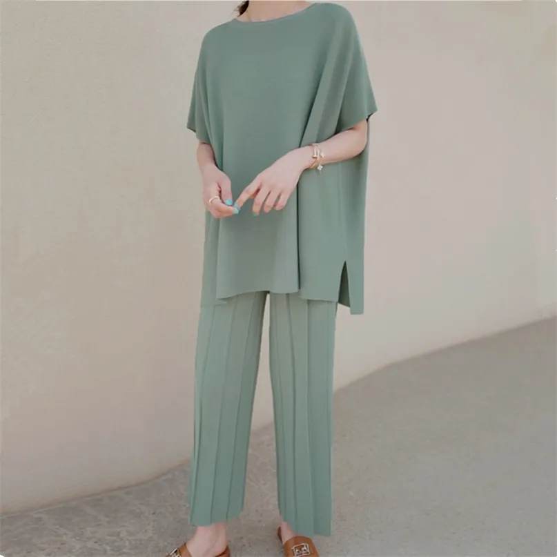 High Quality Fashion Casual Knitted Two Piece Set Women Loose Pullover Sweater Tops + Wide Leg Pants Suits Knitwear 2 Sets 211105