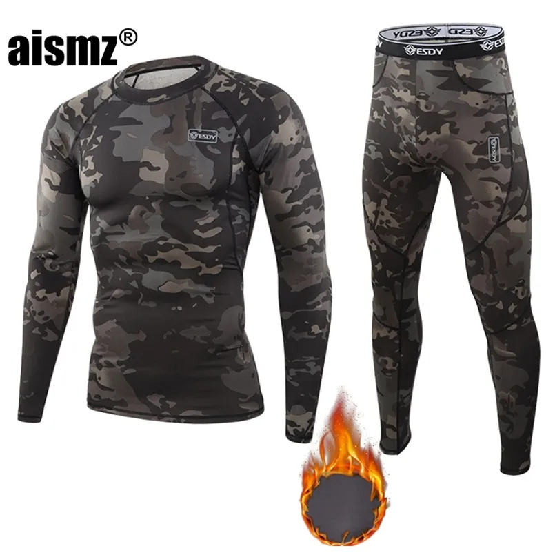 AISMZ冬の熱下地の男性の暖かいフィットネスフリースのレギンスタイトアンダーシャツ圧縮速乾性サーモロングジョンズセット211108