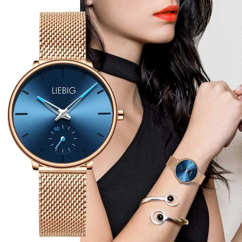 腕時計超薄い女性の時計クォーツ腕時計防水ローズゴールドステンレスメッシュベルトファッションレディースクロックモントトレフェムメ2021