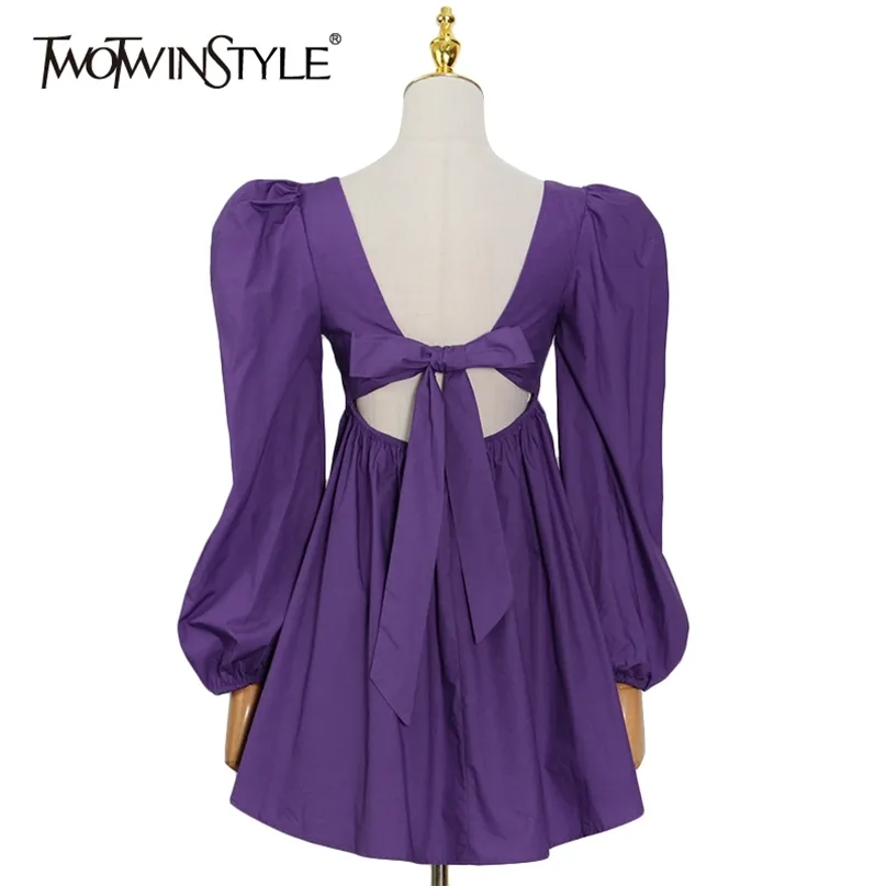 Robe à lacets violette élégante pour femmes col carré à manches longues taille haute froncée mini robes féminines mode 210520