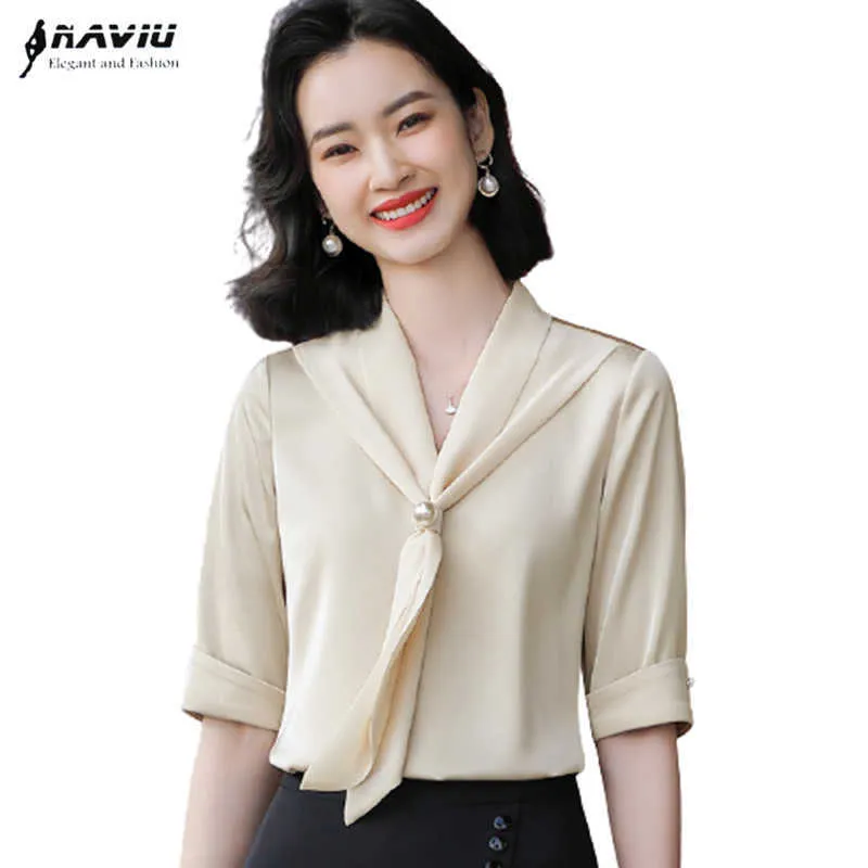 Naviu été demi manches nœud papillon Blouses couleur Pure hauts bureau dame vêtements de cérémonie femmes pull chemise 210604