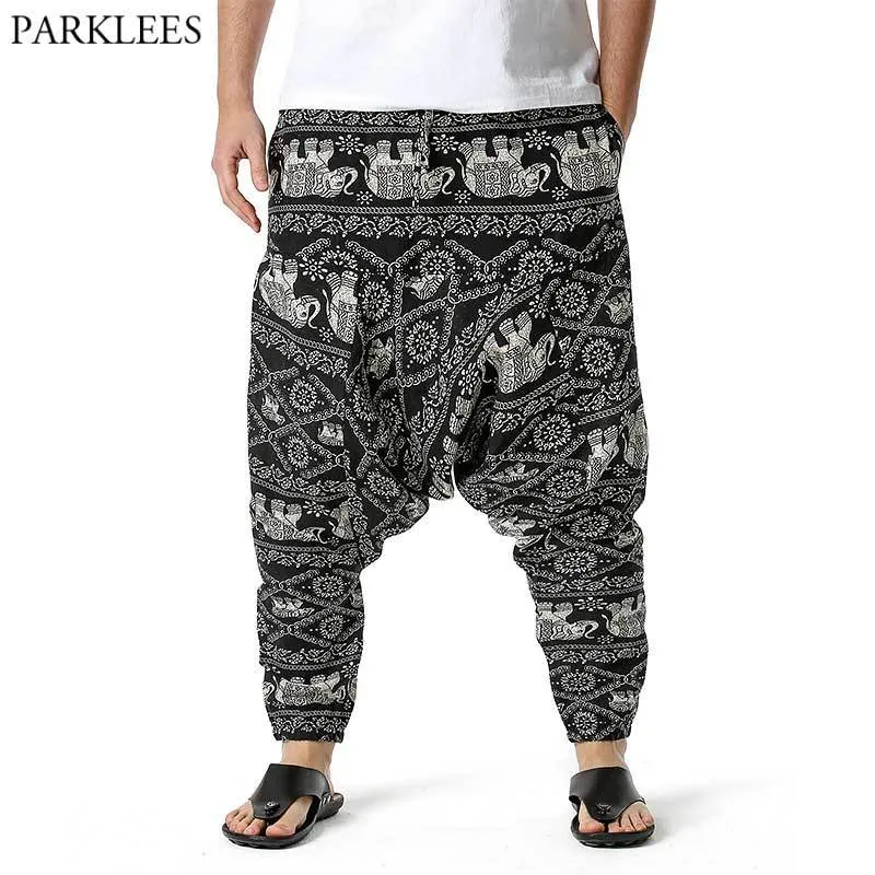 Erkek Hippi Harem Yoga Baggy Genie Boho Pantolon Şık Baskılı Damla Crotch Joggers Sweatpants Harajuku Hip Hop Streetwear Pantolon 210522