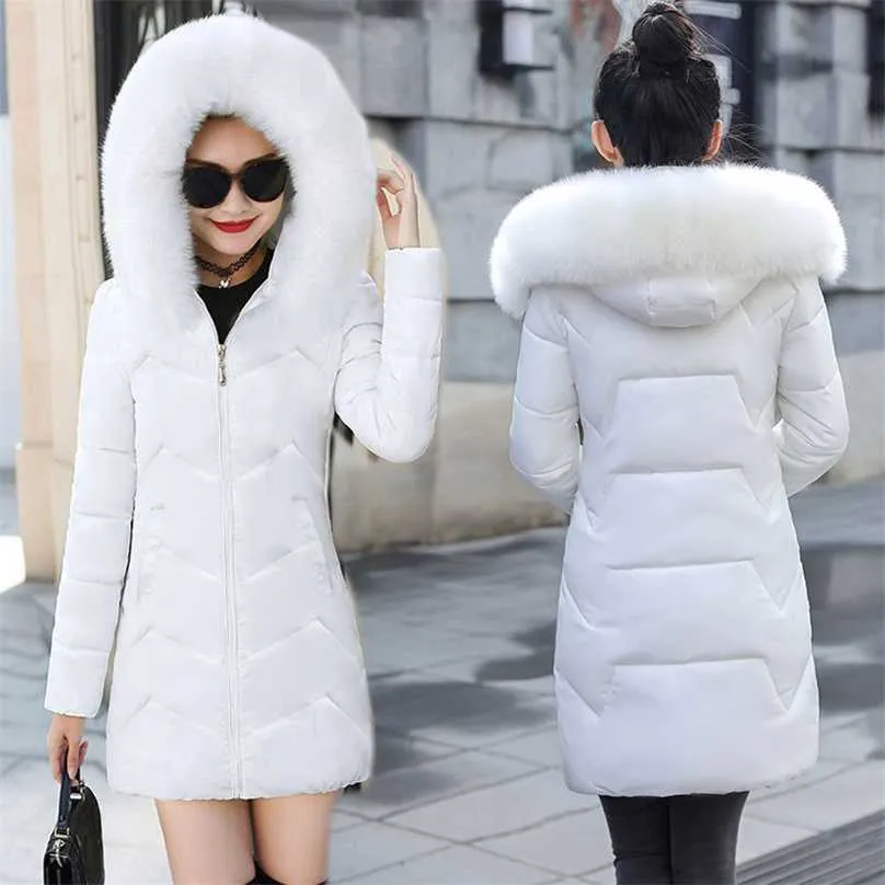 White Women Winter Hooded Warm Coat Fur collar Detachable Cotton Padded Jacket Female Long Parka Womens Wadded Jaqueta Feminina 211018